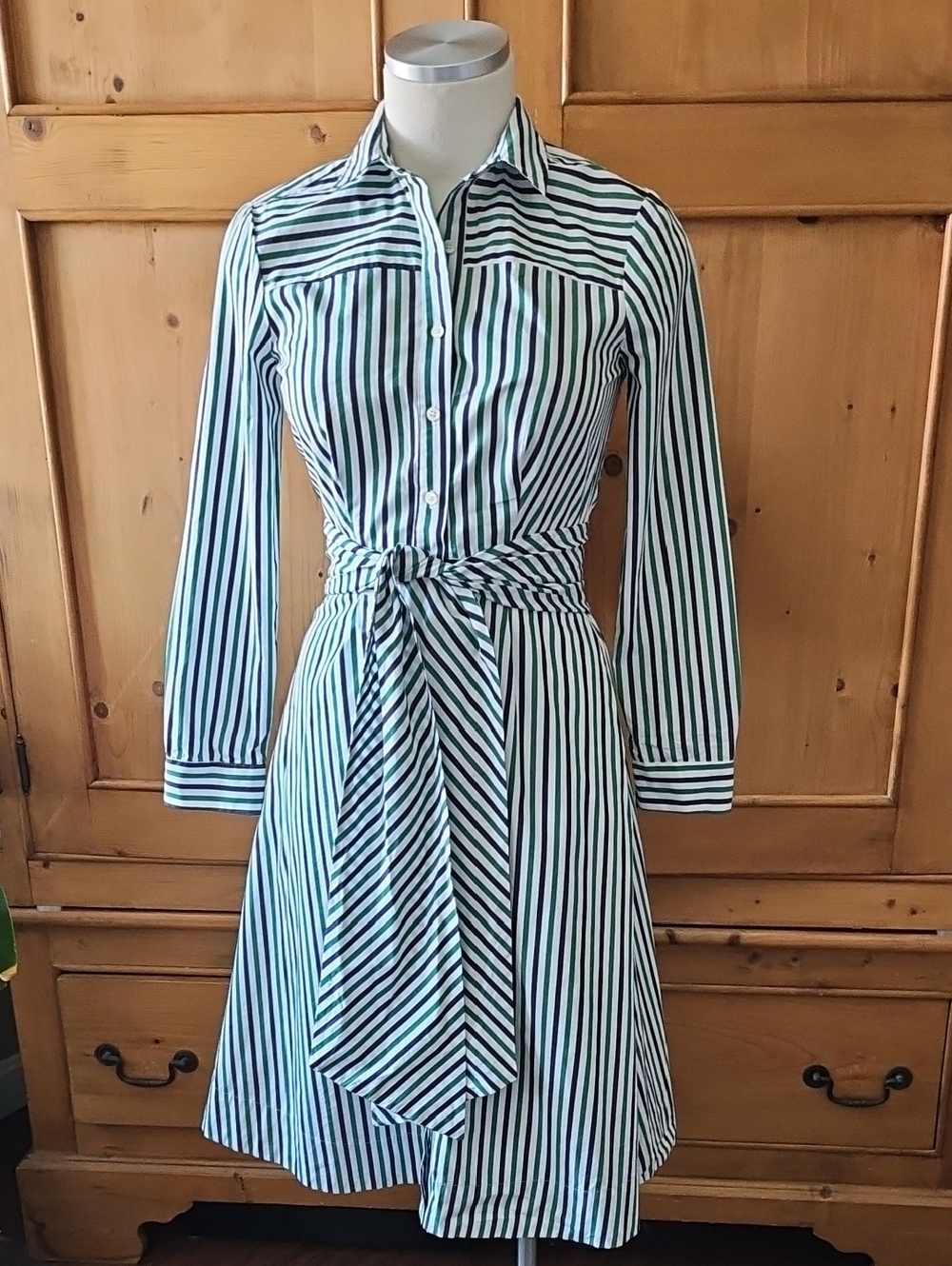 J Crew Tie Waist Shirt Dress Navy/ Green/ White Stripes Size 00 - Picture 5 of 11